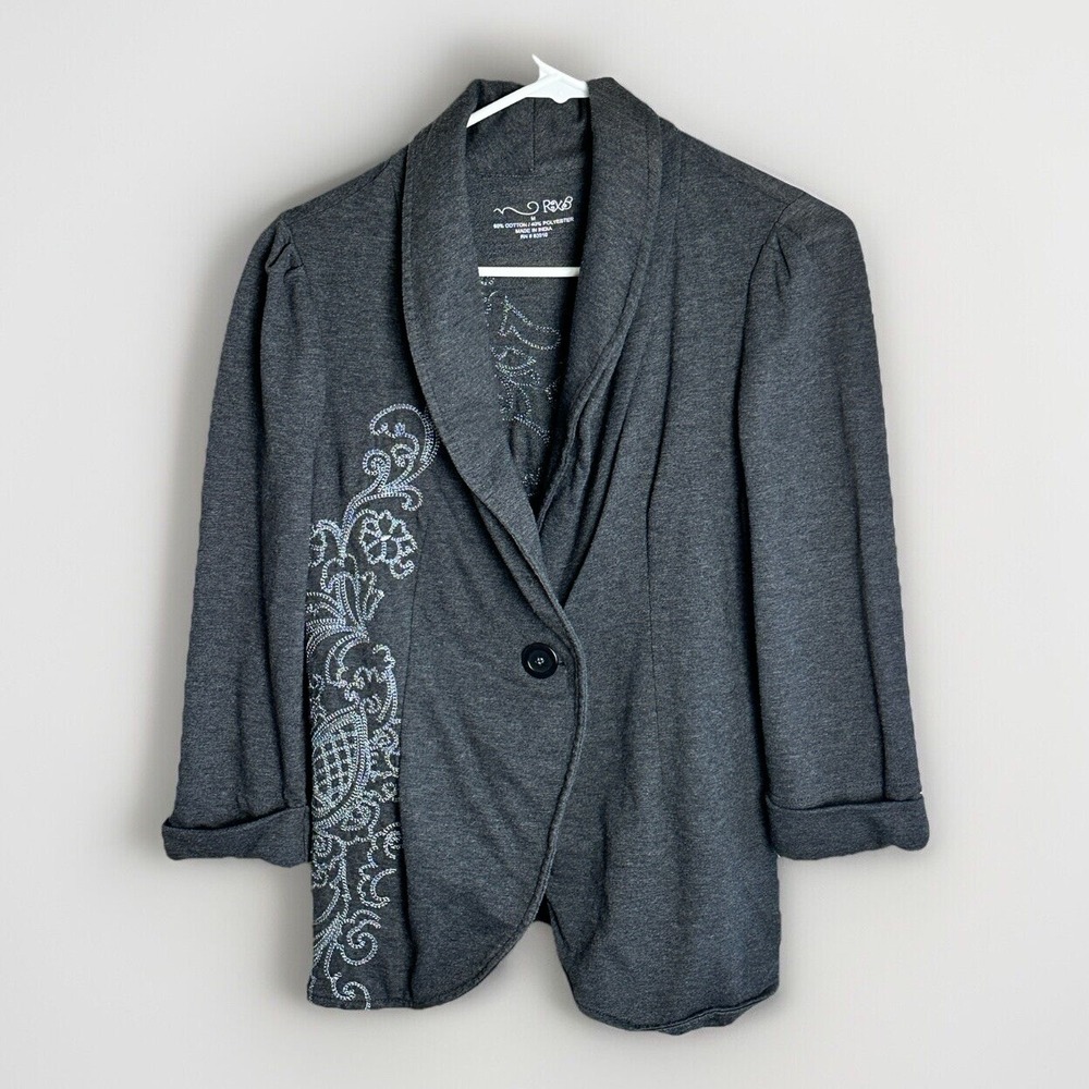 RXB Cardigan Women's Medium‎ Gray Embroidered 3/4 Sleeve Button-up Collared